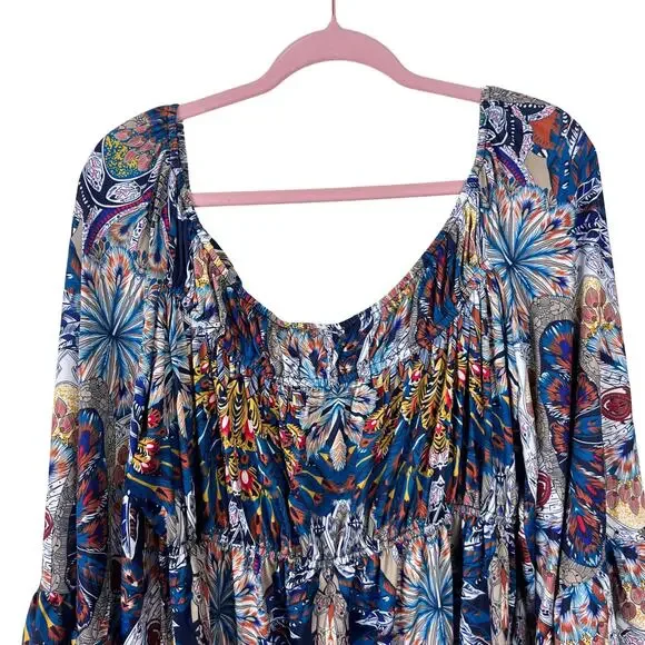 Boho Peacock Print Bell Sleeve Peasant Dress Flowy Festival XL - Picture 6 of 7